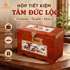 Hộp Tiết Kiệm Tâm Đức Lộc Gỗ Hương – Ốp Gốm, Khóa Số