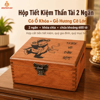 Hộp Tiết Kiệm Thần Tài 2 Ngăn Có Ổ Khóa – Gỗ Hương Cỡ Lớn