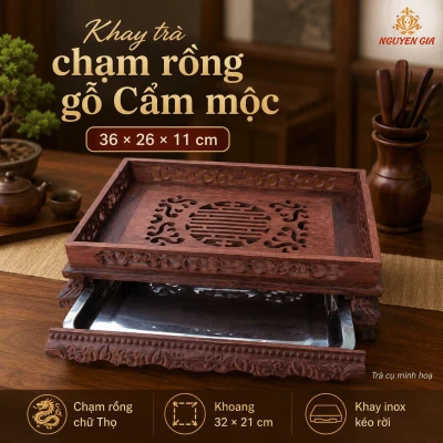 Khay trà chạm rồng gỗ Cẩm mộc 36 × 26 × 11 cm