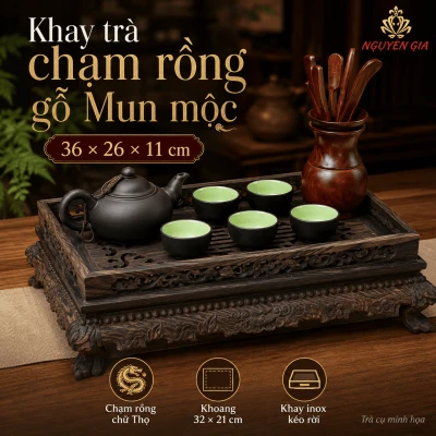 Khay trà chạm rồng gỗ Mun mộc 36 × 26 × 11 cm