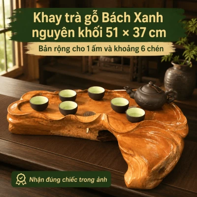 Khay trà gỗ Bách Xanh nguyên khối 51 × 37 cm