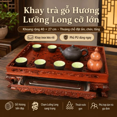 Khay trà gỗ Hương Lưỡng Long cỡ lớn 46 × 34 cm
