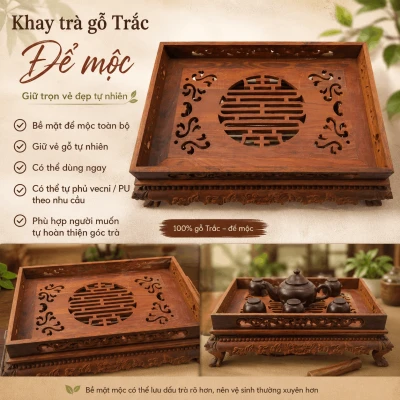 Khay trà gỗ Trắc Lưỡng Long 36 × 26 cm để mộc