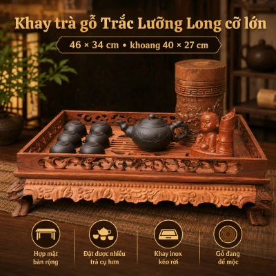 Khay trà gỗ Trắc Lưỡng Long cỡ lớn 46 × 34 cm