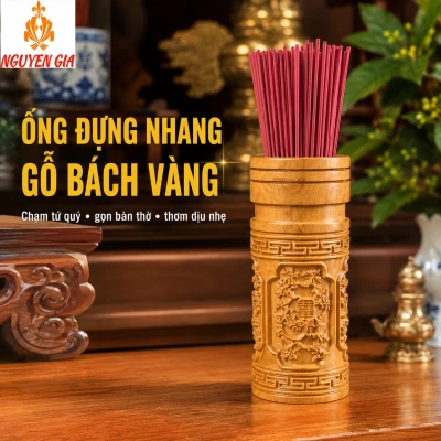 Ống Đựng Nhang Bằng Gỗ Bách Vàng – Chạm Tứ Quý, Thơm Dịu