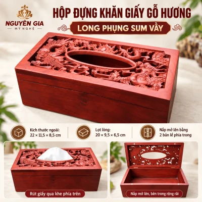 Hộp đựng khăn giấy bằng gỗ Hương Long Phụng Sum Vầy
