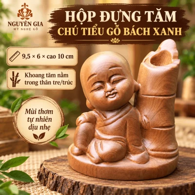 Hộp đựng tăm mẫu chú tiểu bằng gỗ Bách Xanh