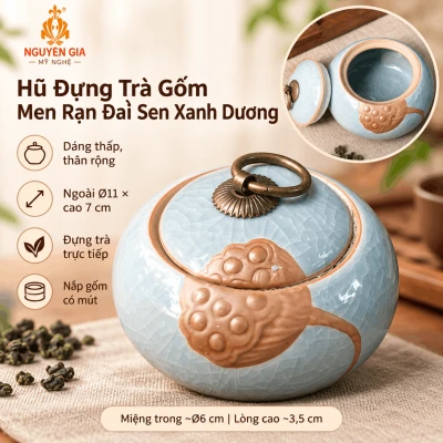Hũ đựng trà gốm men rạn Đài Sen xanh dương
