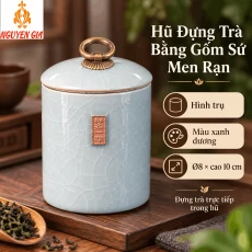 Hộp đựng trà bằng gốm sứ men rạn hình trụ xanh dương