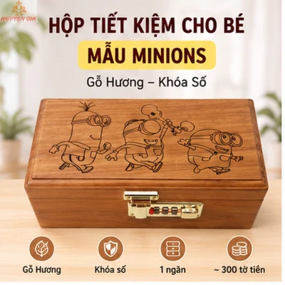 Hộp Tiết Kiệm Cho Bé Mẫu Minions – Gỗ Hương, Khóa Số