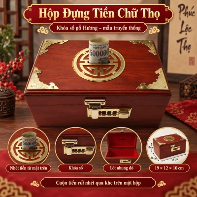 Hộp Đựng Tiền Chữ Thọ Khóa Số Gỗ Hương – Mẫu Truyền Thống