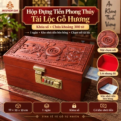 Hộp Đựng Tiền Phong Thủy Tài Lộc Gỗ Hương – Chạm Nổi, Khóa Số