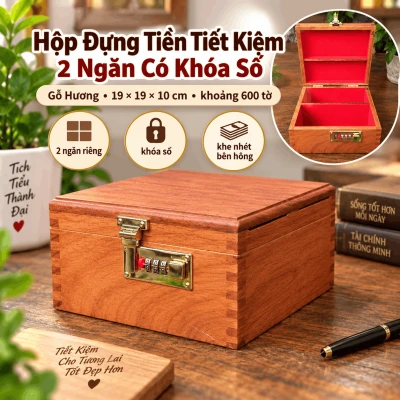 Hộp Đựng Tiền Tiết Kiệm 2 Ngăn Có Khóa Số Bằng Gỗ Hương