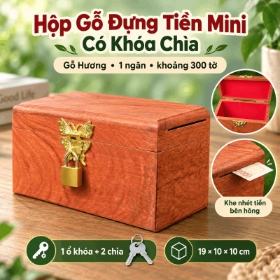 Hộp Gỗ Đựng Tiền Mini Có Khóa Chìa – Gỗ Hương Chứa 300 Tờ