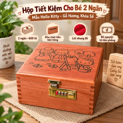 Hộp Tiết Kiệm Cho Bé 2 Ngăn Mẫu Hello Kitty – Gỗ Hương, Khóa Số