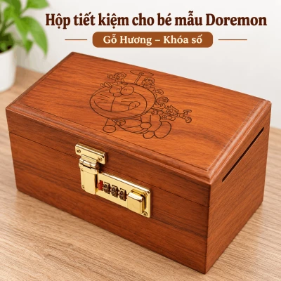 Hộp Tiết Kiệm Cho Bé Mẫu Doremon – Gỗ Hương, Khóa Số