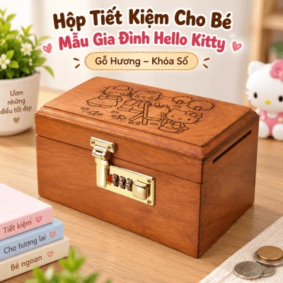 Hộp Tiết Kiệm Cho Bé Mẫu Gia Đình Hello Kitty – Gỗ Hương, Khóa Số