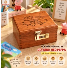 Hộp Tiết Kiệm Cho Bé 2 Ngăn Mẫu Gia Đình Heo Peppa – Gỗ Hương, Khóa Số
