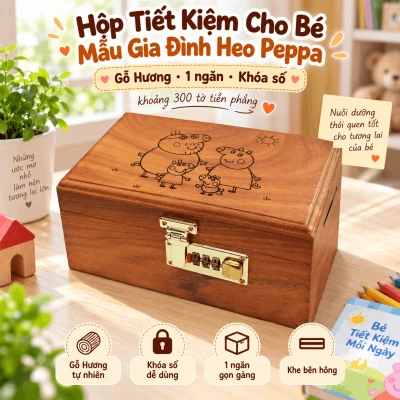 Hộp Tiết Kiệm Cho Bé Mẫu Gia Đình Heo Peppa – Gỗ Hương, Khóa Số