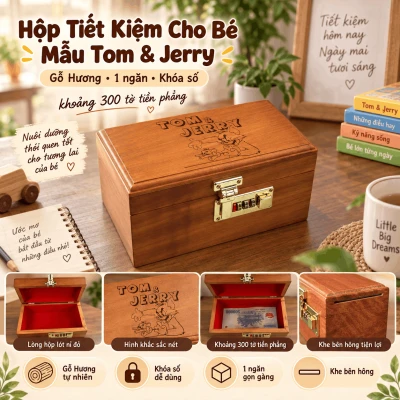 Hộp Tiết Kiệm Cho Bé Mẫu Tom & Jerry – Gỗ Hương, Khóa Số