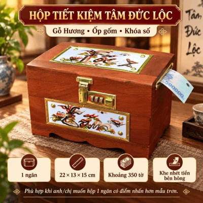 Hộp Tiết Kiệm Tâm Đức Lộc Gỗ Hương – Ốp Gốm, Khóa Số
