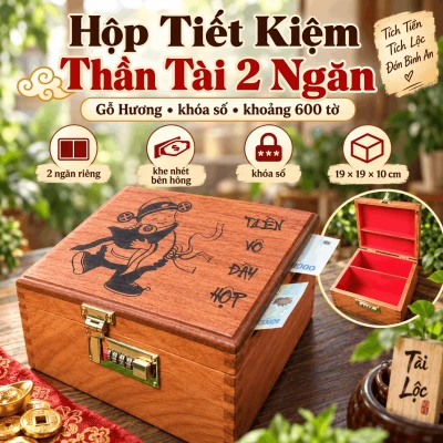Hộp Tiết Kiệm Thần Tài 2 Ngăn Bằng Gỗ Hương – Khóa Số Cỡ Lớn