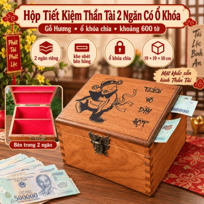 Hộp Tiết Kiệm Thần Tài 2 Ngăn Có Ổ Khóa – Gỗ Hương Cỡ Lớn