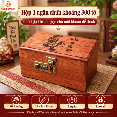 Hộp Tiết Kiệm Thần Tài Bằng Gỗ Hương – Khóa Số, Chứa 300 Tờ