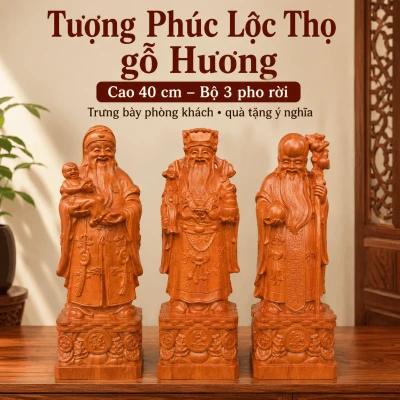 Tượng Phúc Lộc Thọ gỗ Hương cao 40 cm – Bộ 3 pho rời