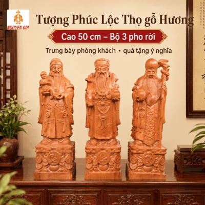 Tượng Phúc Lộc Thọ gỗ Hương cao 50 cm – Bộ 3 pho rời