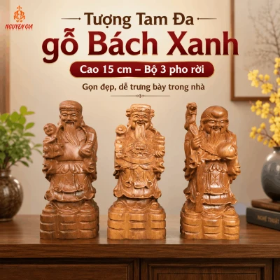 Tượng Tam Đa gỗ Bách Xanh cao 15 cm – Bộ 3 pho rời