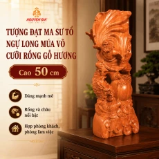 Tượng Đạt Ma Sư Tổ Ngự Long Múa Võ Cưỡi Rồng Gỗ Hương Cao 50 cm