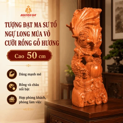 Tượng Đạt Ma Sư Tổ Ngự Long Múa Võ Cưỡi Rồng Gỗ Hương Cao 50 cm