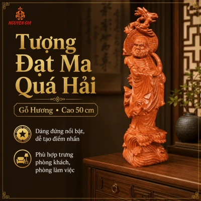 Tượng Đạt Ma Quá Hải Gỗ Hương Cao 50 cm