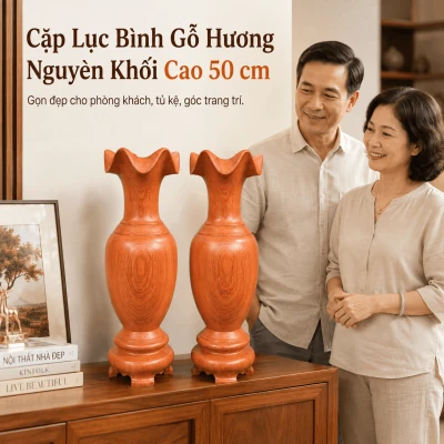 Cặp Lục Bình Gỗ Hương Nguyên Khối Cao 50 cm