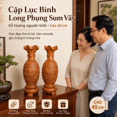 Cặp Lục Bình Long Phụng Sum Vầy Gỗ Hương Nguyên Khối Cao 40 cm