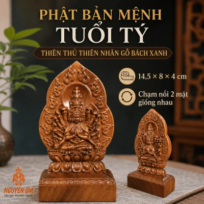 Tượng Phật Bản Mệnh Tuổi Tý Thiên Thủ Thiên Nhãn Gỗ Bách Xanh 14,5 cm