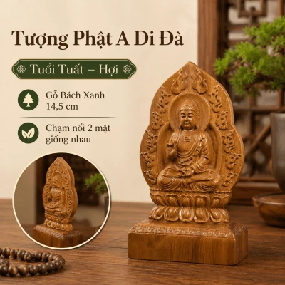 Tượng Phật Bản Mệnh Tuổi Tuất – Hợi Đức Phật A Di Đà Gỗ Bách Xanh 14,5 cm