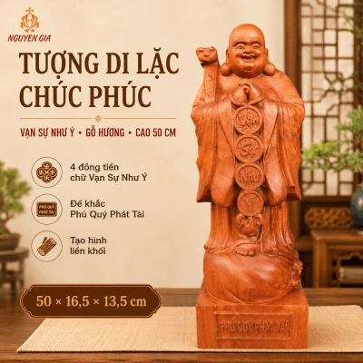 Tượng Di Lặc Chúc Phúc Vạn Sự Như Ý Cao 50 cm Bằng Gỗ Hương