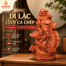Tượng Di Lặc Cưỡi Cá Chép Cầm Gậy Như Ý Cao 23 cm Bằng Gỗ Hương