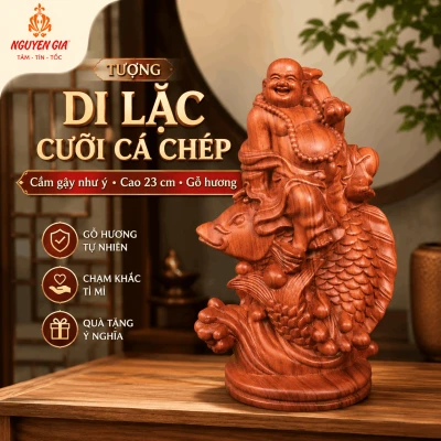Tượng Di Lặc Cưỡi Cá Chép Cầm Gậy Như Ý Cao 23 cm Bằng Gỗ Hương