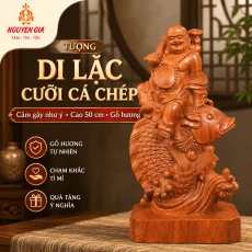 Tượng Di Lặc Cưỡi Cá Chép Cầm Gậy Như Ý Cao 50 cm Bằng Gỗ Hương