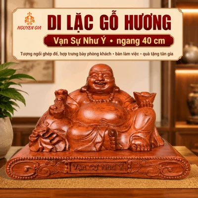 Tượng Di Lặc ngồi Vạn Sự Như Ý gỗ Hương ngang 40 cm – ghép đế
