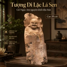 Tượng Di Lặc Lá Sen Gỗ Ngọc Am Nguyên Khối Độc Bản Cao 39 cm