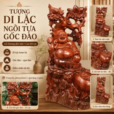 Tượng Di Lặc Ngồi Tựa Gốc Đào Gỗ Hương Độc Bản Cao 60 cm