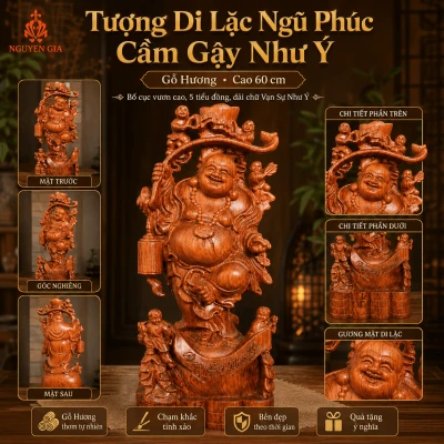 Tượng Di Lặc Ngũ Phúc Cầm Gậy Như Ý Cao 60 cm Bằng Gỗ Hương