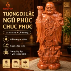 Tượng Di Lặc Ngũ Phúc Chúc Phúc Cao 50 cm Bằng Gỗ Hương