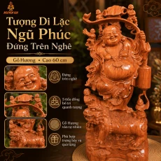 Tượng Di Lặc Ngũ Phúc Đứng Trên Nghê Cao 60 cm Bằng Gỗ Hương