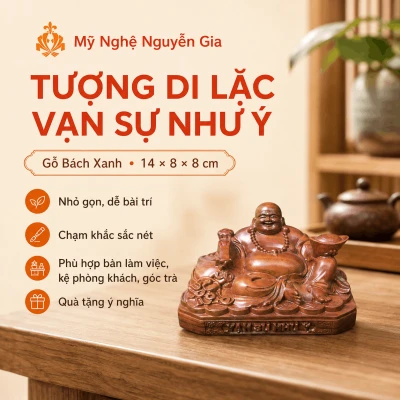 Tượng Di Lặc Vạn Sự Như Ý gỗ Bách Xanh 14 × 8 × 8 cm