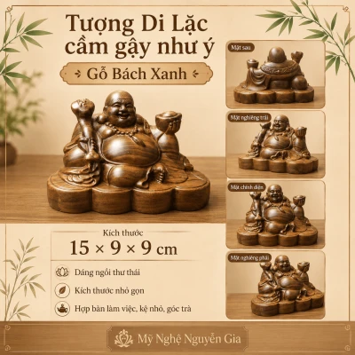 Tượng Di Lặc cầm gậy như ý gỗ Bách Xanh 15 × 9 × 9 cm
